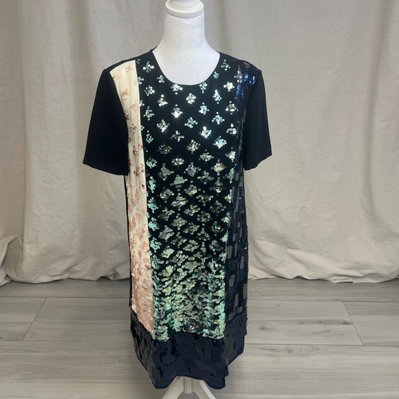 Tory Burch Women's Retro Sequin Colorblock Shift Dress Black Cream Sz L - Picture 2 of 10